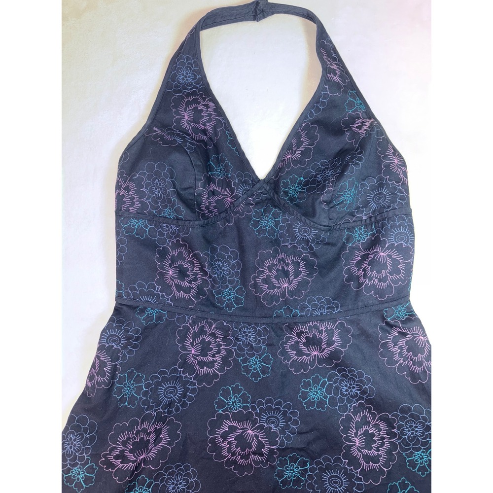 Amanda Smith Petite Vintage Y2K Navy Floral Embroidered Halter Dress 10P Cotton - Picture 4 of 8